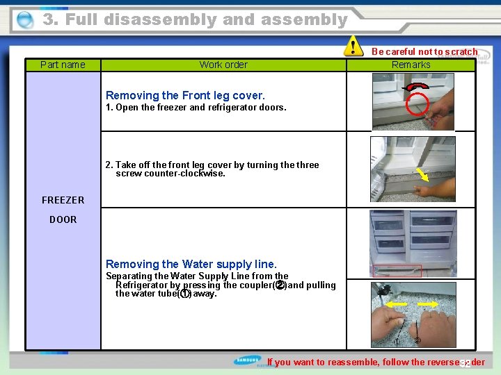 3. Full disassembly and assembly Be careful not to scratch Part name Work order