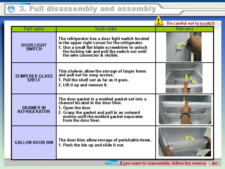 3. Full disassembly and assembly Be careful not to scratch Part name DOOR LIGHT