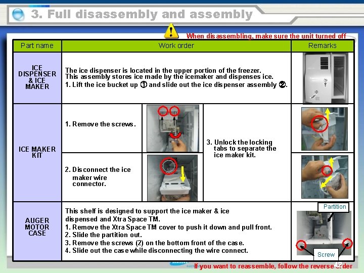 3. Full disassembly and assembly When disassembling, make sure the unit turned off Part
