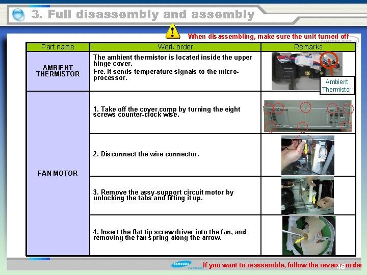3. Full disassembly and assembly When disassembling, make sure the unit turned off Part