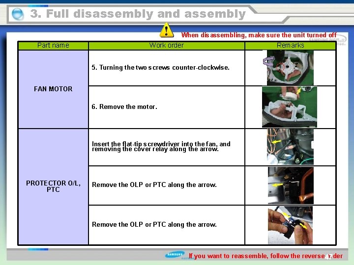 3. Full disassembly and assembly When disassembling, make sure the unit turned off Part