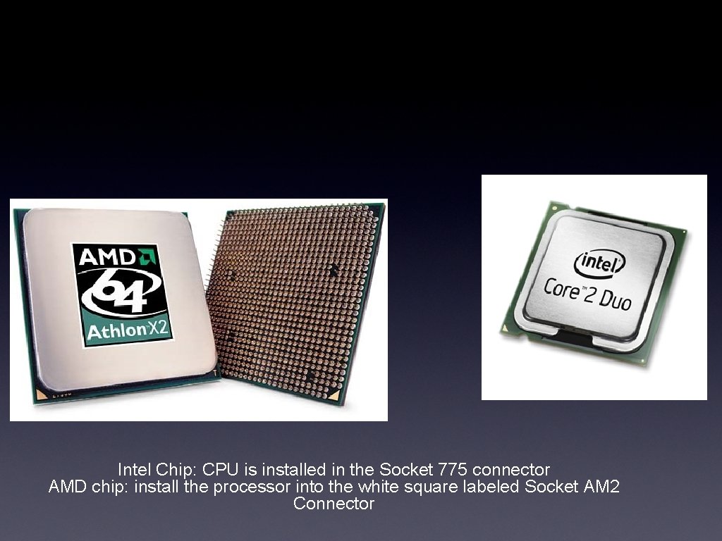 Intel Chip: CPU is installed in the Socket 775 connector AMD chip: install the