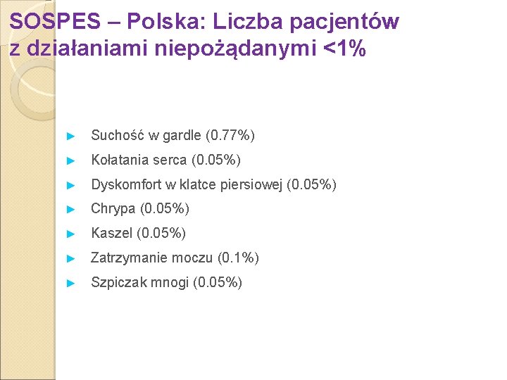 SOSPES – Polska: Liczba pacjentów z działaniami niepożądanymi <1% ► Suchość w gardle (0.