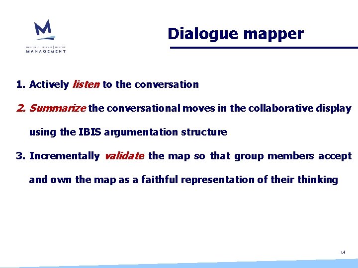 Dialogue mapper 1. Actively listen to the conversation 2. Summarize the conversational moves in