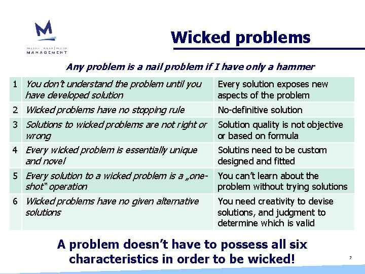 Wicked problems Any problem is a nail problem if I have only a hammer