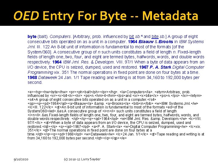 OED Entry For Byte -- Metadata byte (ba. It). Computers. [Arbitrary, prob. influenced by