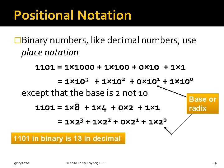 Positional Notation �Binary numbers, like decimal numbers, use place notation 1101 = 1× 1000