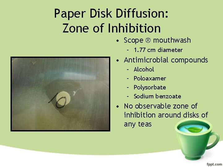 Paper Disk Diffusion: Zone of Inhibition • Scope ® mouthwash – 1. 77 cm