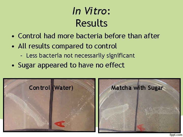 In Vitro: Results • Control had more bacteria before than after • All results