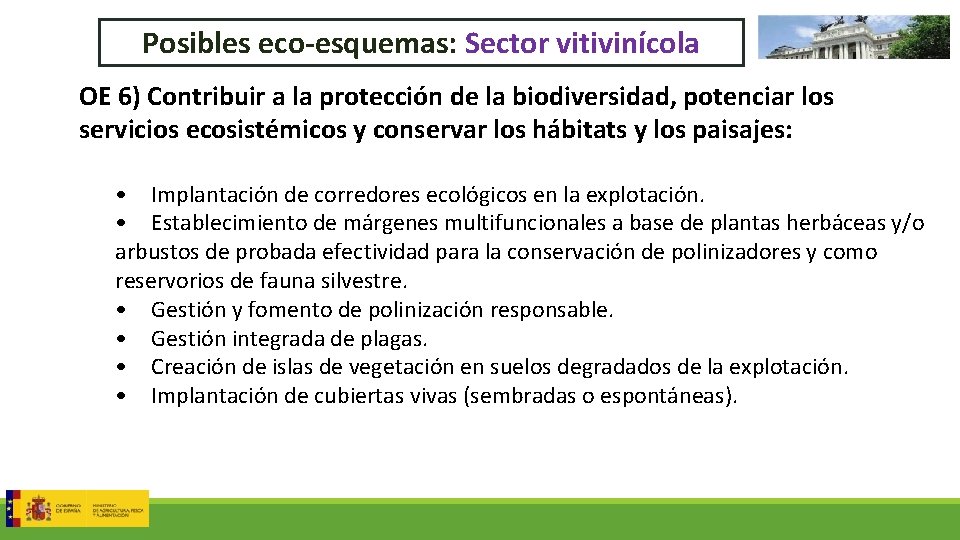 Posibles eco-esquemas: Sector vitivinícola OE 6) Contribuir a la protección de la biodiversidad, potenciar