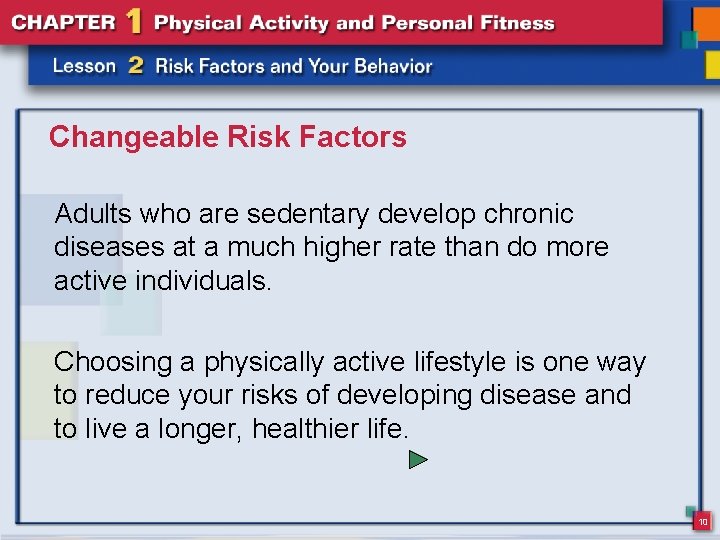 Changeable Risk Factors Adults who are sedentary develop chronic diseases at a much higher