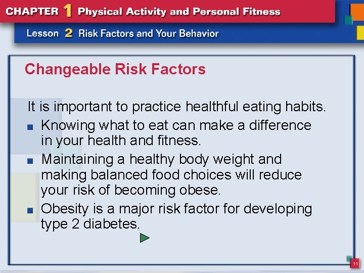 Changeable Risk Factors It is important to practice healthful eating habits. Knowing what to