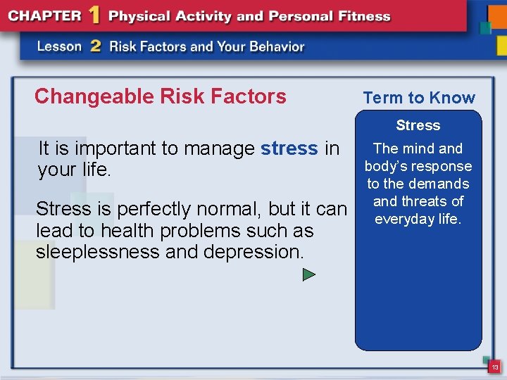 Changeable Risk Factors Term to Know Stress It is important to manage stress in