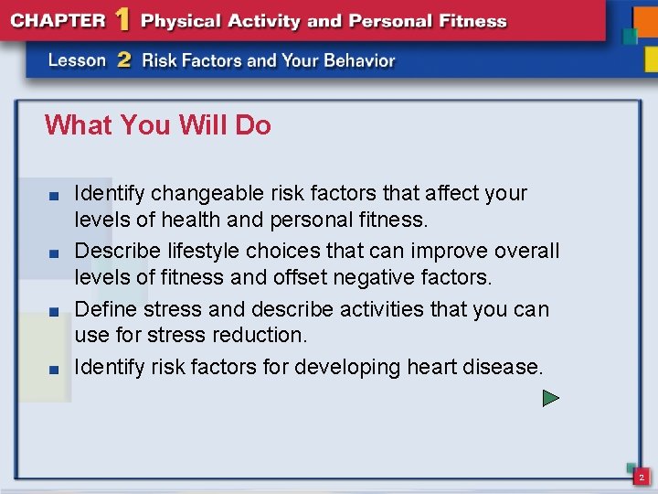 What You Will Do Identify changeable risk factors that affect your levels of health