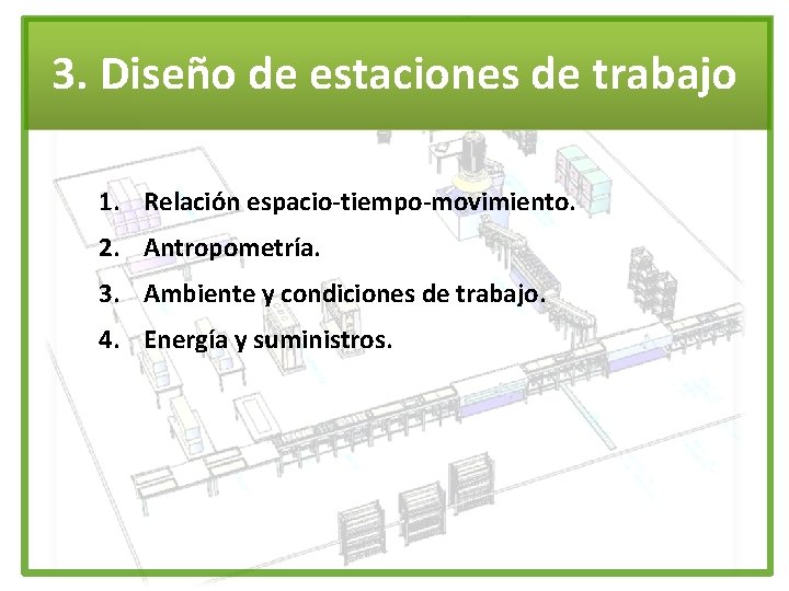 3. Diseño de estaciones de trabajo 1. Relación espacio-tiempo-movimiento. 2. Antropometría. 3. Ambiente y