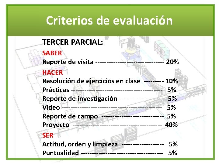 Criterios de evaluación TERCER PARCIAL: SABER Reporte de visita ---------------- 20% HACER Resolución de