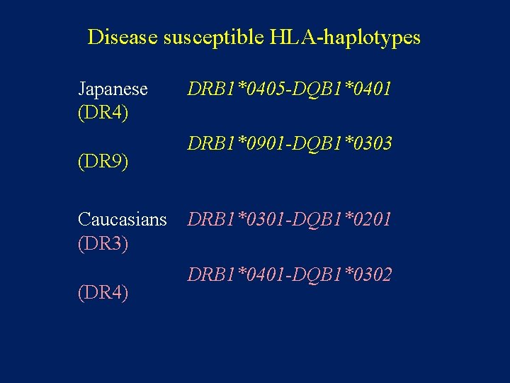 Disease susceptible HLA-haplotypes Japanese (DR 4) (DR 9) Caucasians (DR 3) (DR 4) DRB