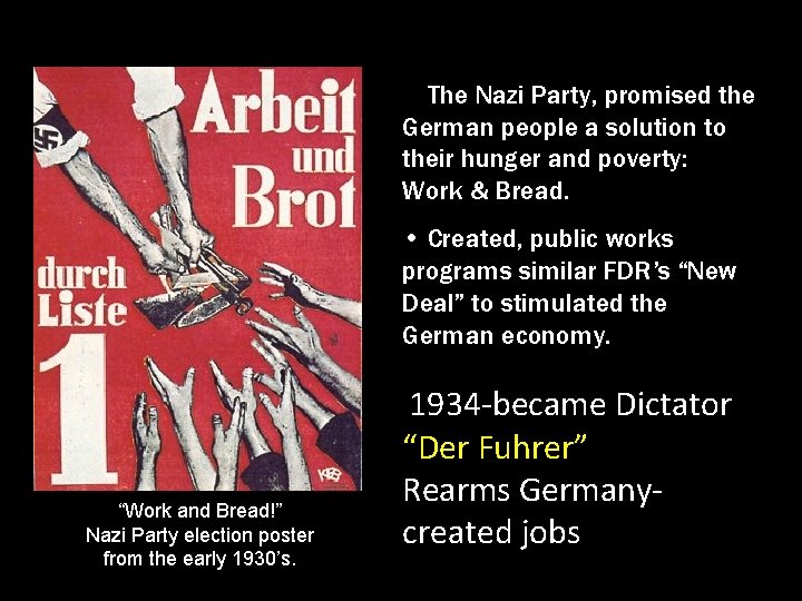  • The Nazi Party, promised the German people a solution to their hunger