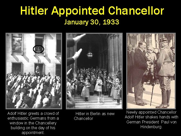 Hitler Appointed Chancellor January 30, 1933 Adolf Hitler greets a crowd of enthusiastic Germans