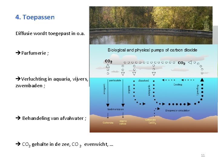 4. Toepassen Diffusie wordt toegepast in o. a. Parfumerie ; Verluchting in aquaria, vijvers,