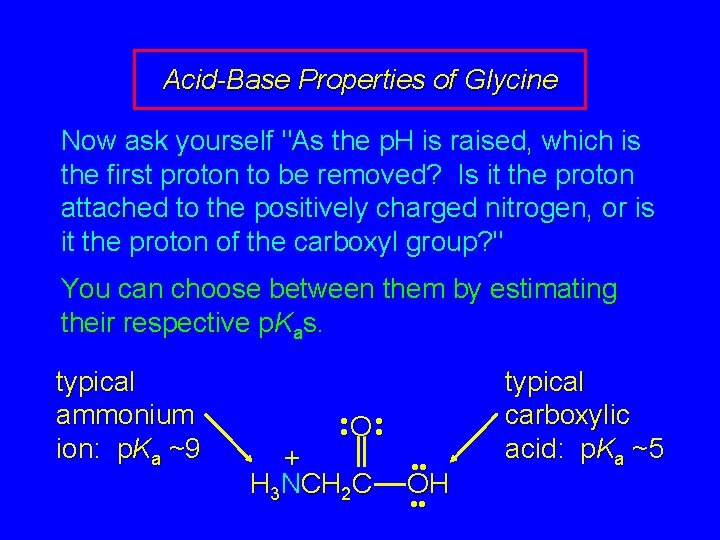 Acid-Base Properties of Glycine Now ask yourself "As the p. H is raised, which