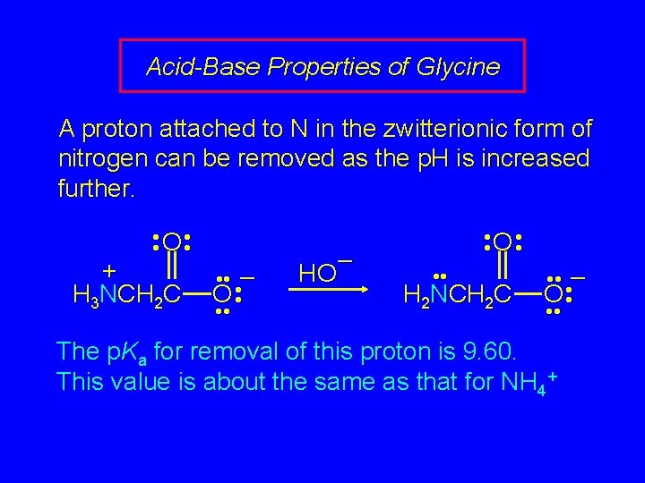 Acid-Base Properties of Glycine A proton attached to N in the zwitterionic form of