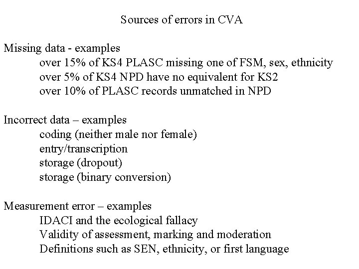 Sources of errors in CVA Missing data - examples over 15% of KS 4
