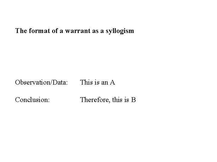 The format of a warrant as a syllogism Observation/Data: This is an A Conclusion: