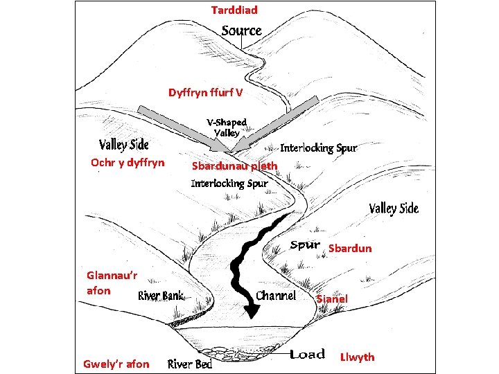 Tarddiad Dyffryn ffurf V Ochr y dyffryn Sbardunau pleth Sbardun Glannau’r afon Gwely’r afon