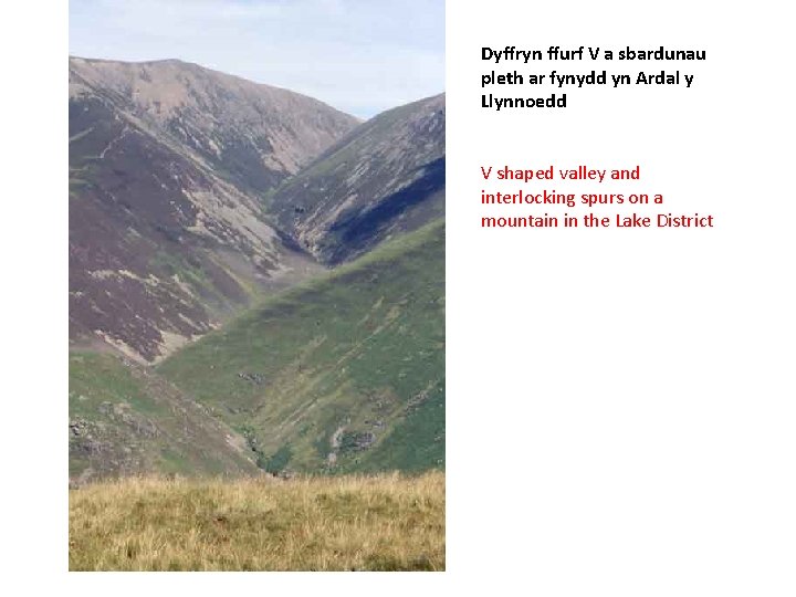 Dyffryn ffurf V a sbardunau pleth ar fynydd yn Ardal y Llynnoedd V shaped