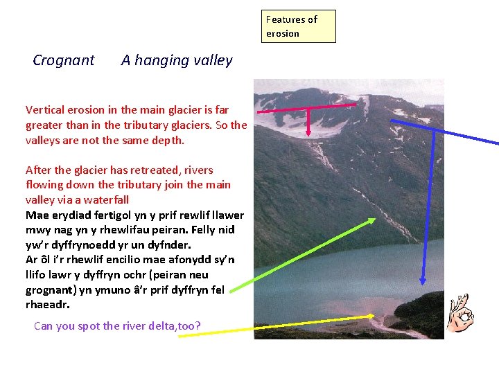Features of erosion Crognant A hanging valley Vertical erosion in the main glacier is
