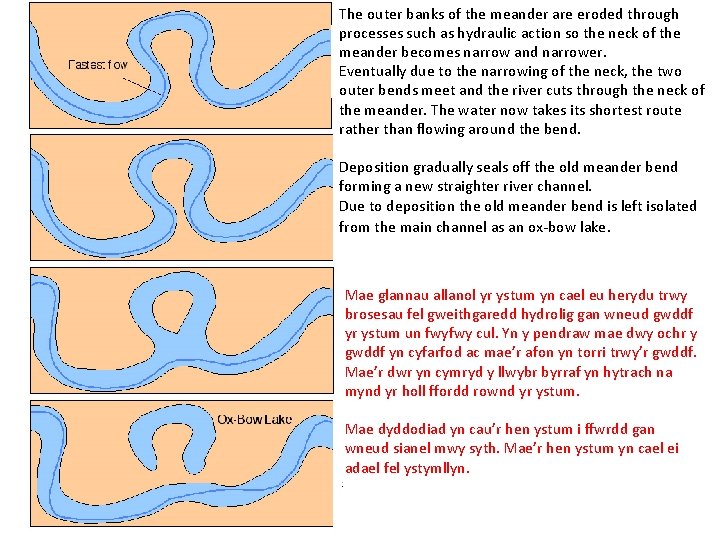 The outer banks of the meander are eroded through processes such as hydraulic action