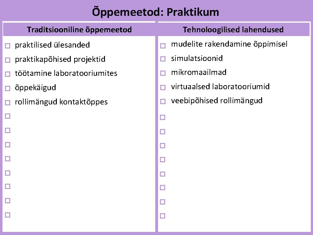 Õppemeetod: Praktikum Traditsiooniline õppemeetod Tehnoloogilised lahendused praktilised ülesanded mudelite rakendamine õppimisel praktikapõhised projektid simulatsioonid