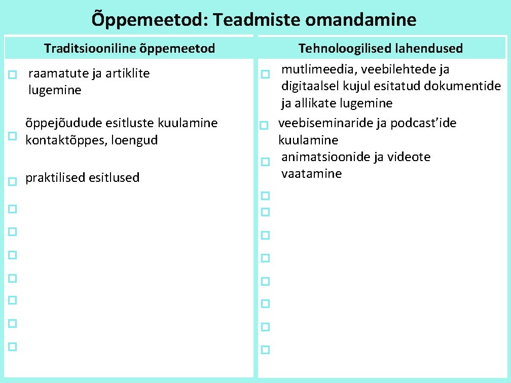 Õppemeetod: Teadmiste omandamine Traditsiooniline õppemeetod raamatute ja artiklite lugemine õppejõudude esitluste kuulamine kontaktõppes, loengud