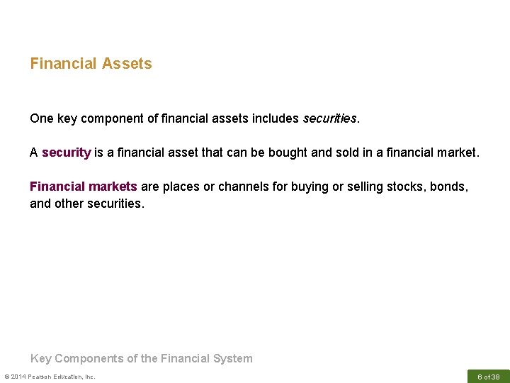 Financial Assets One key component of financial assets includes securities. A security is a