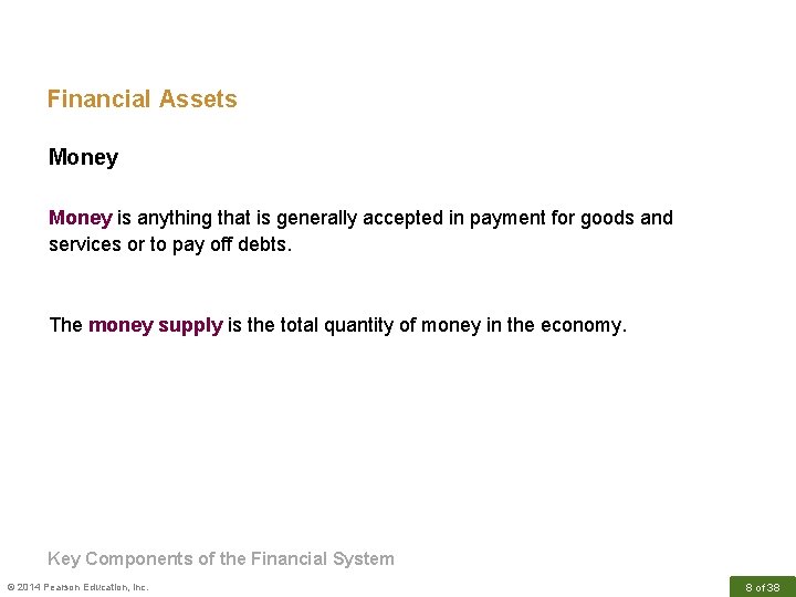 Financial Assets Money is anything that is generally accepted in payment for goods and