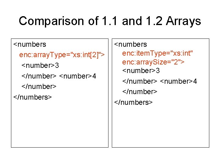 Comparison of 1. 1 and 1. 2 Arrays <numbers enc: array. Type="xs: int[2]"> <number>3