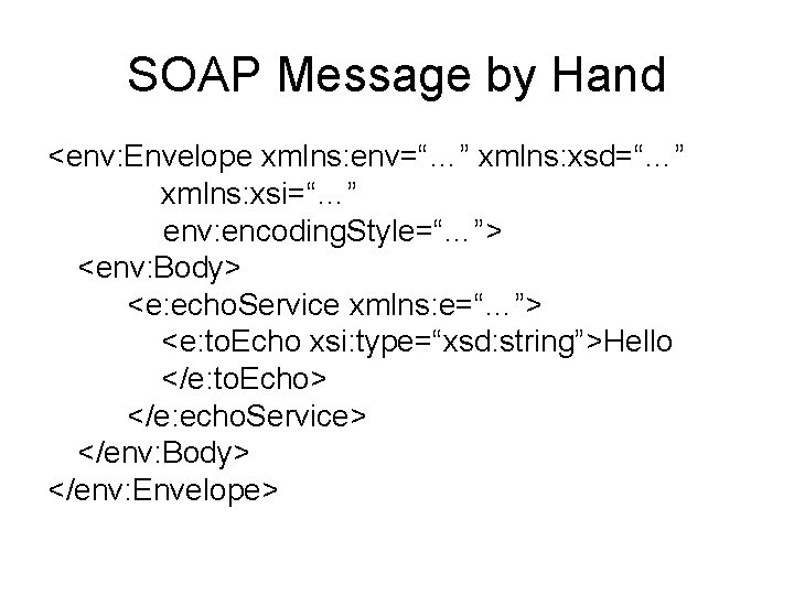 SOAP Message by Hand <env: Envelope xmlns: env=“…” xmlns: xsd=“…” xmlns: xsi=“…” env: encoding.