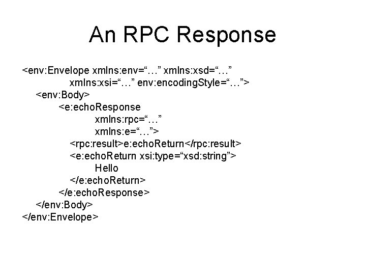 An RPC Response <env: Envelope xmlns: env=“…” xmlns: xsd=“…” xmlns: xsi=“…” env: encoding. Style=“…”>