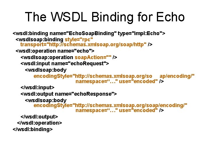 The WSDL Binding for Echo <wsdl: binding name="Echo. Soap. Binding" type="impl: Echo"> <wsdlsoap: binding