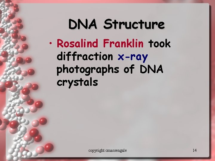 DNA Structure • Rosalind Franklin took diffraction x-ray photographs of DNA crystals copyright cmassengale