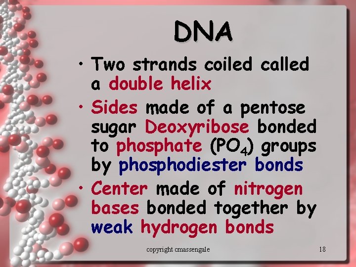 DNA • Two strands coiled called a double helix • Sides made of a