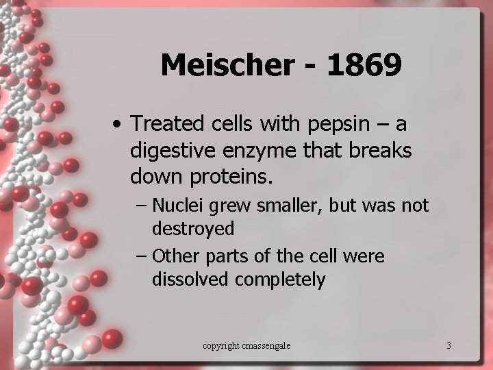 Meischer - 1869 • Treated cells with pepsin – a digestive enzyme that breaks