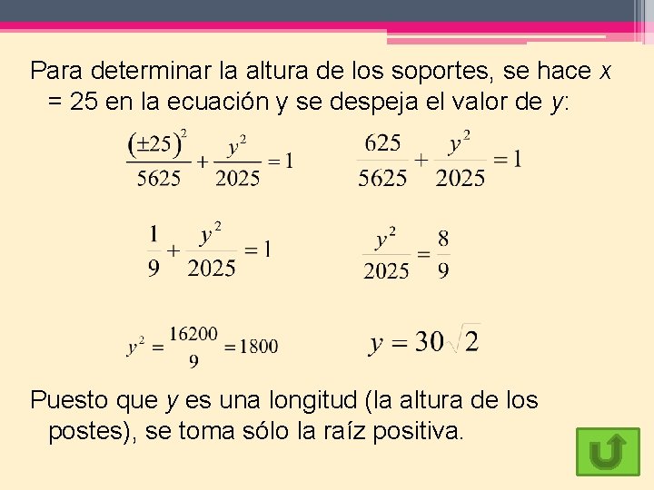 Para determinar la altura de los soportes, se hace x = 25 en la