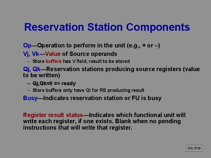Reservation Station Components Op—Operation to perform in the unit (e. g. , + or