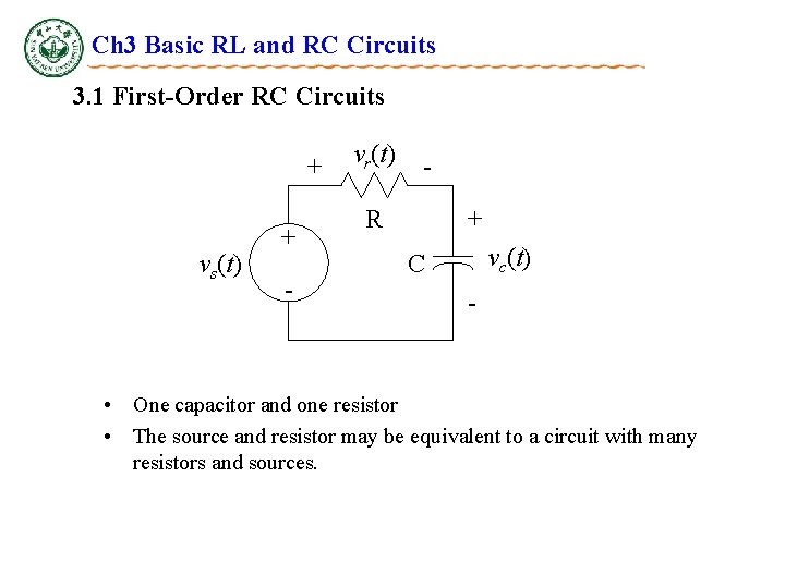 Ch 3 Basic RL and RC Circuits 3. 1 First-Order RC Circuits + vs(t)