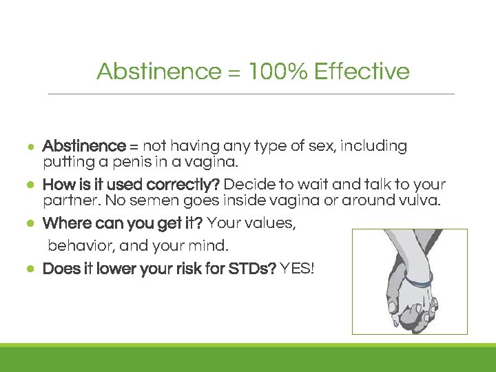Abstinence = 100% Effective Abstinence = not having any type of sex, including putting
