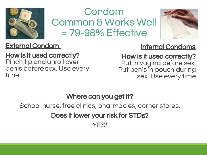 Condom Common & Works Well = 79 -98% Effective External Condom How is it