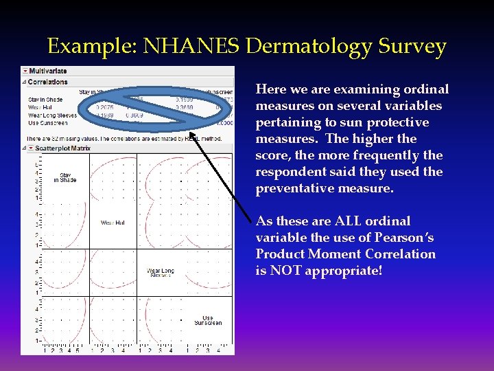 Example: NHANES Dermatology Survey Here we are examining ordinal measures on several variables pertaining