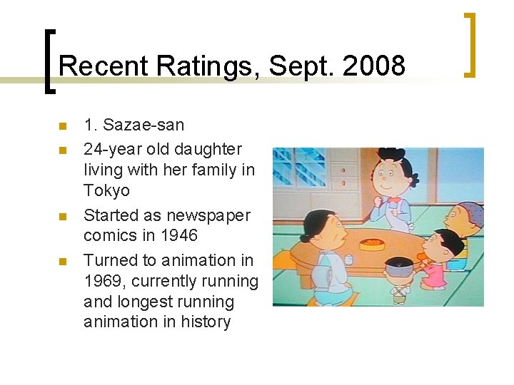 Recent Ratings, Sept. 2008 n n 1. Sazae-san 24 -year old daughter living with